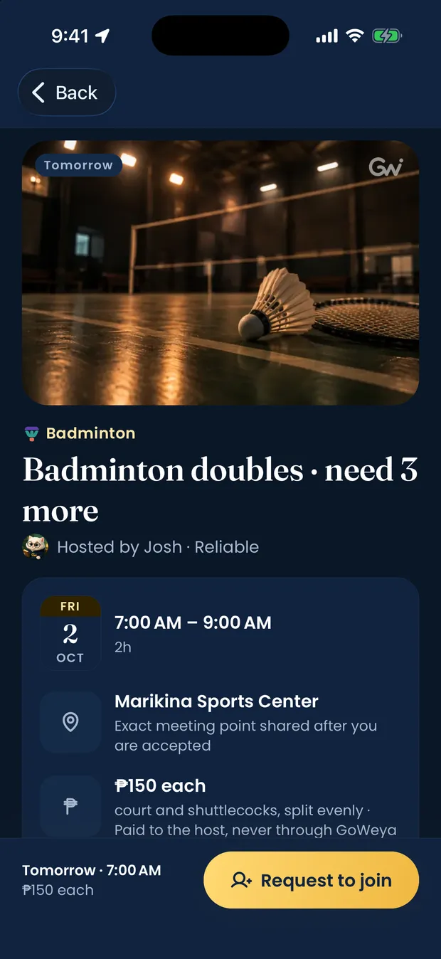 A GoWeya activity page for badminton doubles, noting that the exact meeting point is shared after you are accepted and the fee is paid to the host, never through GoWeya.