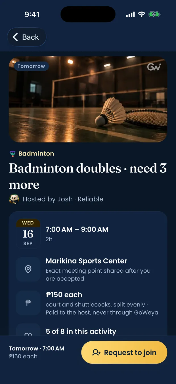 A GoWeya activity page for badminton doubles, noting that the exact meeting point is shared after you are accepted and the fee is paid to the host, never through GoWeya.