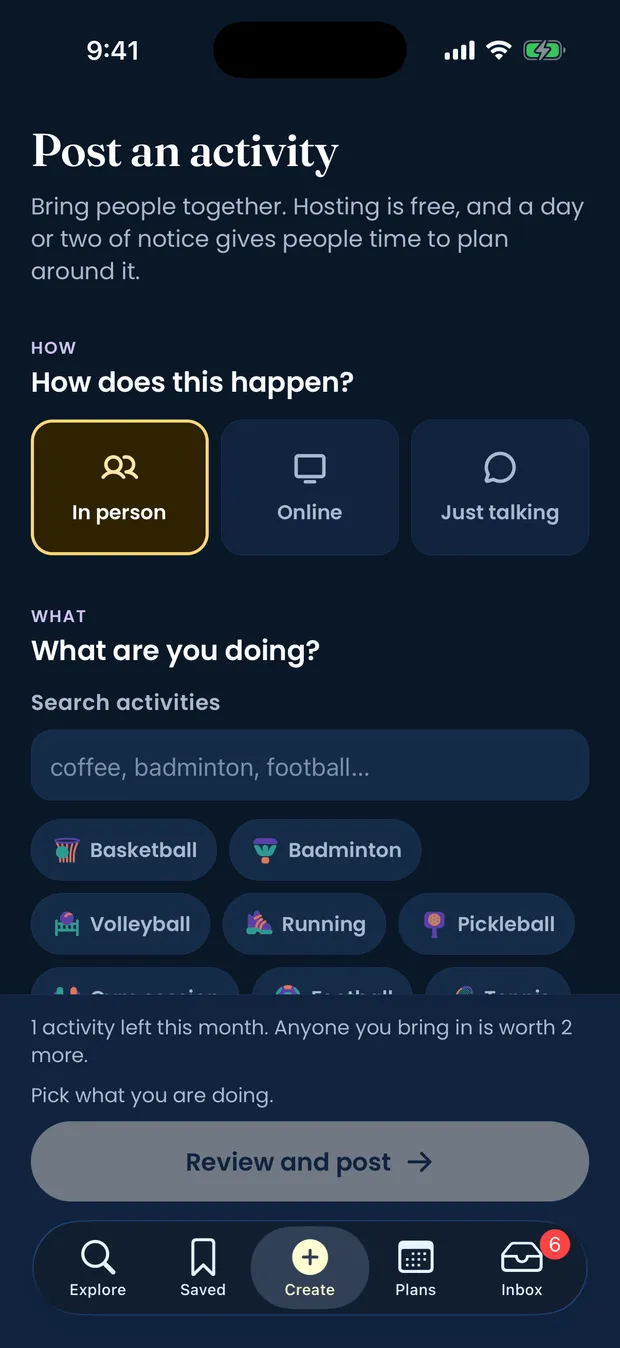 GoWeya's Post an activity screen, asking whether it happens in person, online or just talking before anything else.