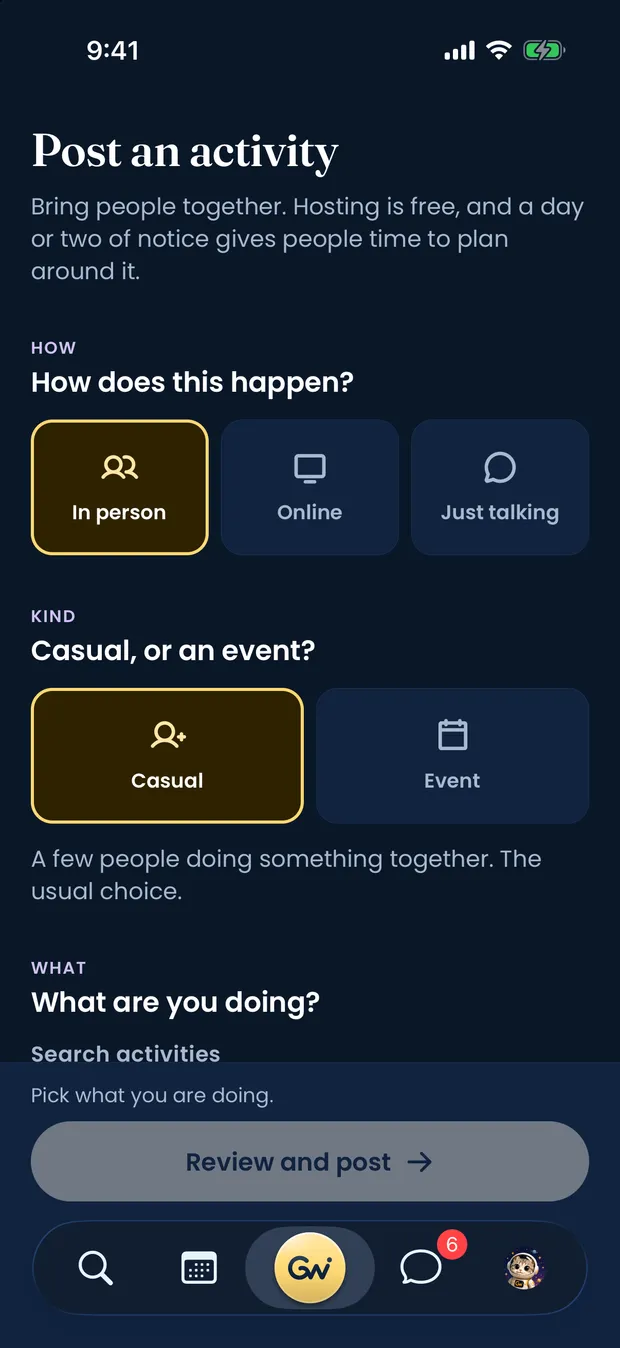 GoWeya's Post an activity screen, asking whether it happens in person, online or just talking before anything else.