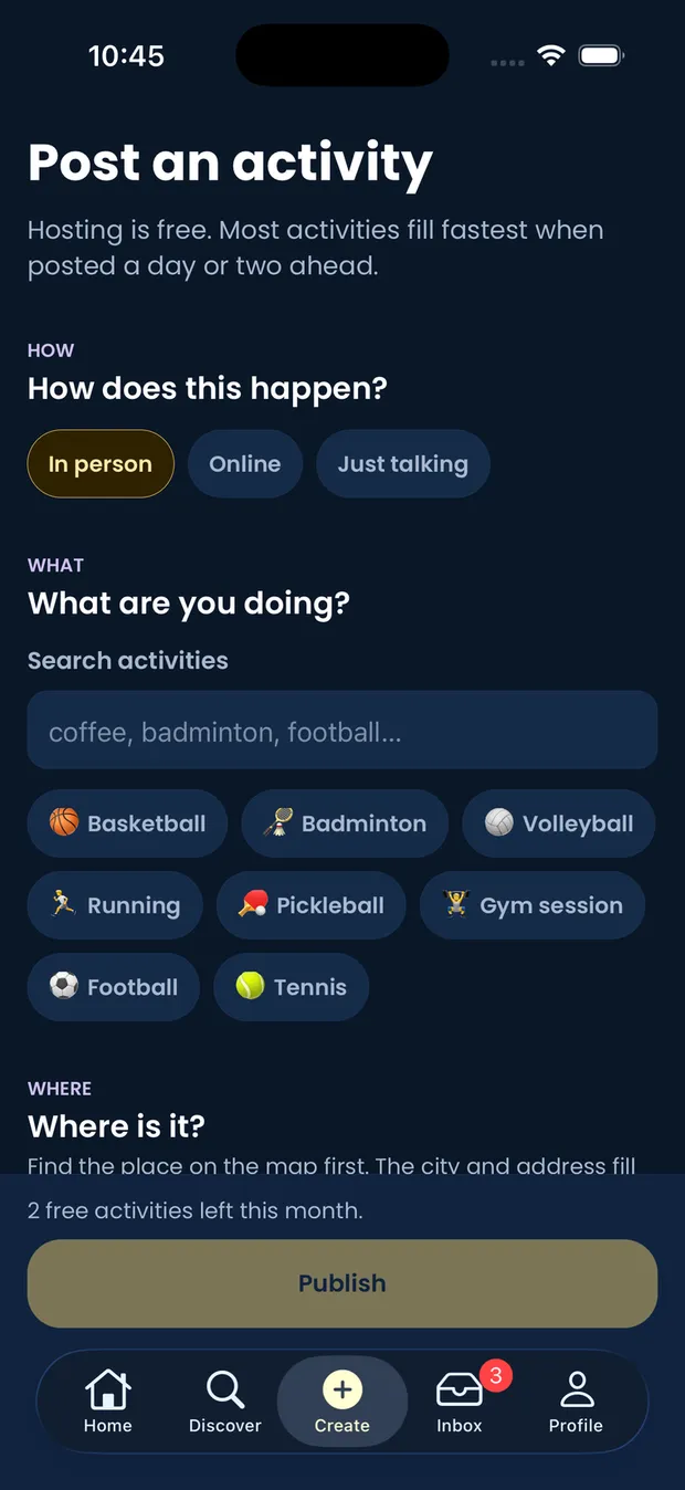 GoWeya's create flow, asking whether an activity is in person, online or just talking before anything else.