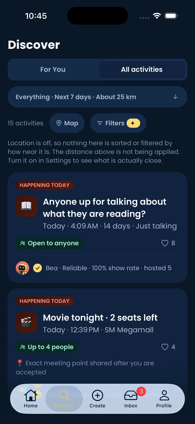 GoWeya's Discover tab, listing fifteen activities happening nearby.