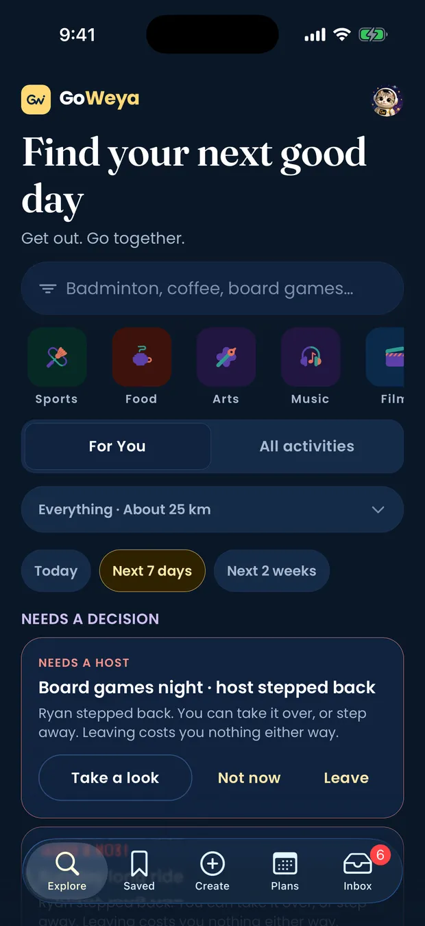 GoWeya's Explore tab, with the heading Find your next good day, a search for things to do and category tiles.