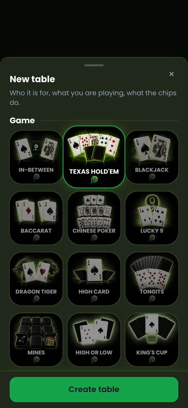 PlayWeya's new table sheet in a phone browser, showing all twelve game tiles with Texas Hold'em selected.