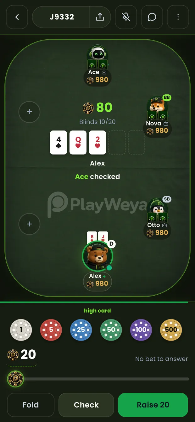 A PlayWeya Texas Hold'em hand against three bots, with the flop dealt and the chip rail ready to check or raise.
