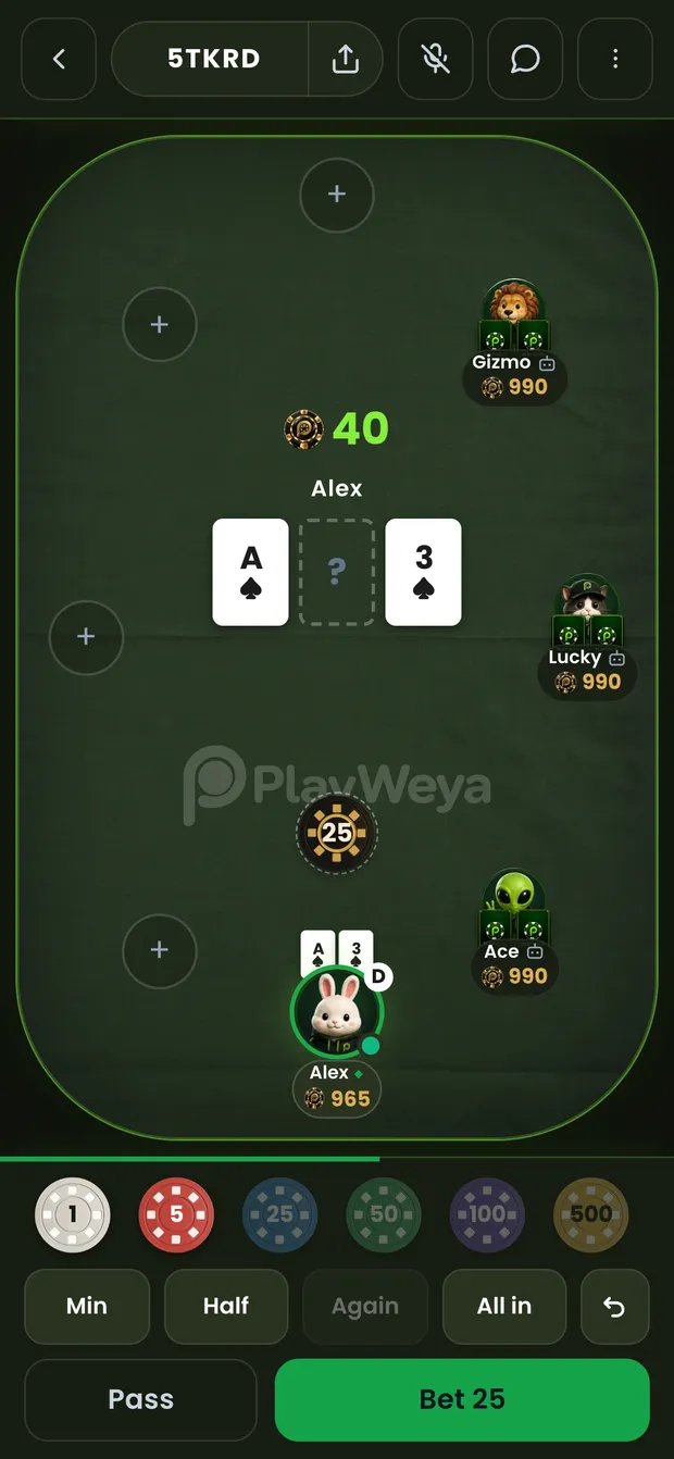 A PlayWeya In-Between round, with an ace and a three either side of the hidden card and a 25-chip bet on the felt.