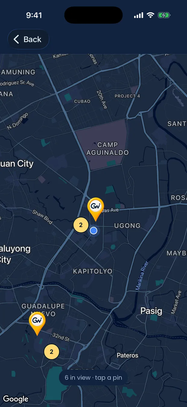 GoWeya's map view, showing activity pins and clusters around Ortigas, Mandaluyong and Pasig.