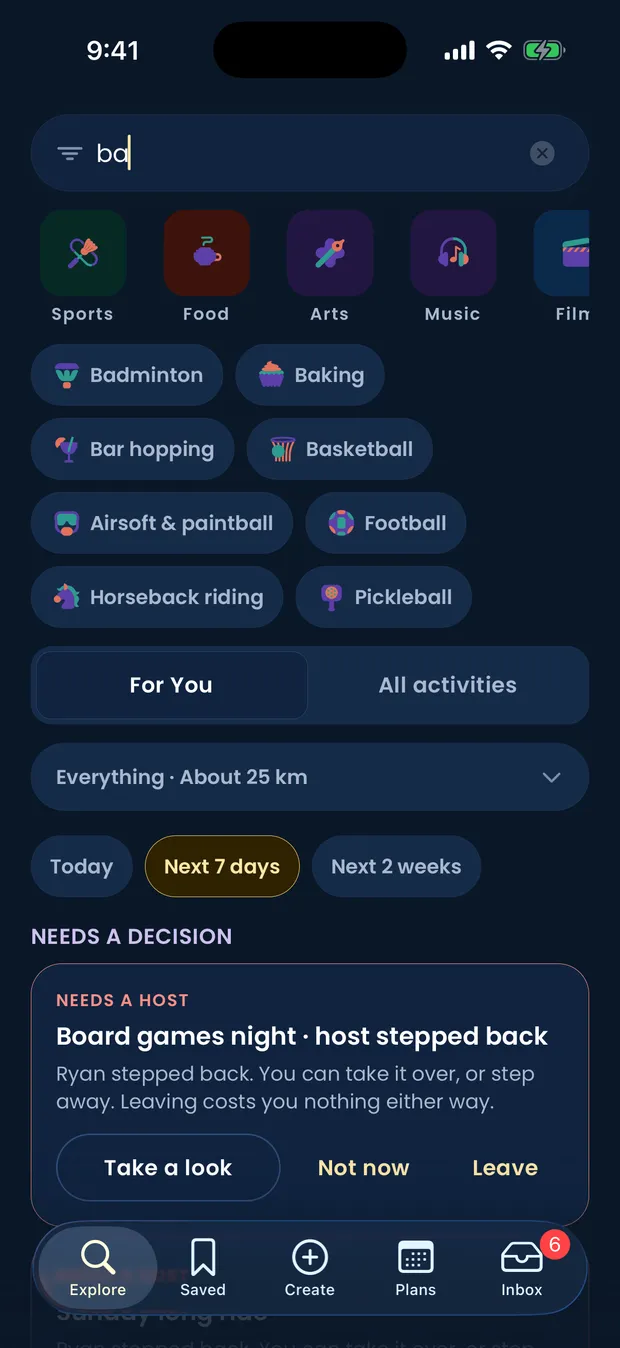 GoWeya's Explore search with ba typed, listing matching activity types such as badminton, baking, basketball and pickleball, each with its own drawn mark.