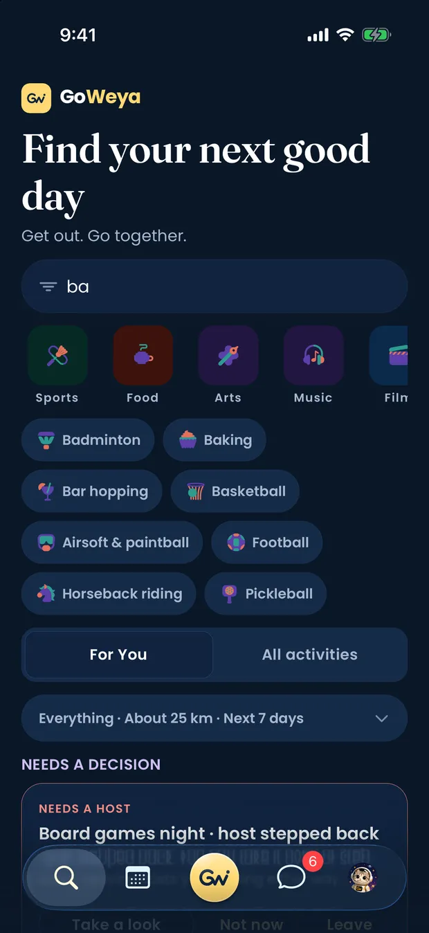GoWeya's Explore search with ba typed, listing matching activity types such as badminton, baking, basketball and pickleball, each with its own drawn mark.