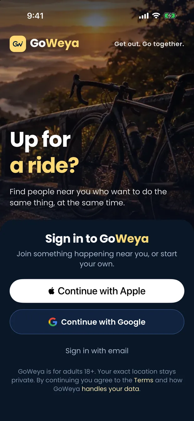 GoWeya's sign-in screen, asking Up for a ride? over a photograph of a bicycle at sunset, above a sheet offering Continue with Apple and Continue with Google.
