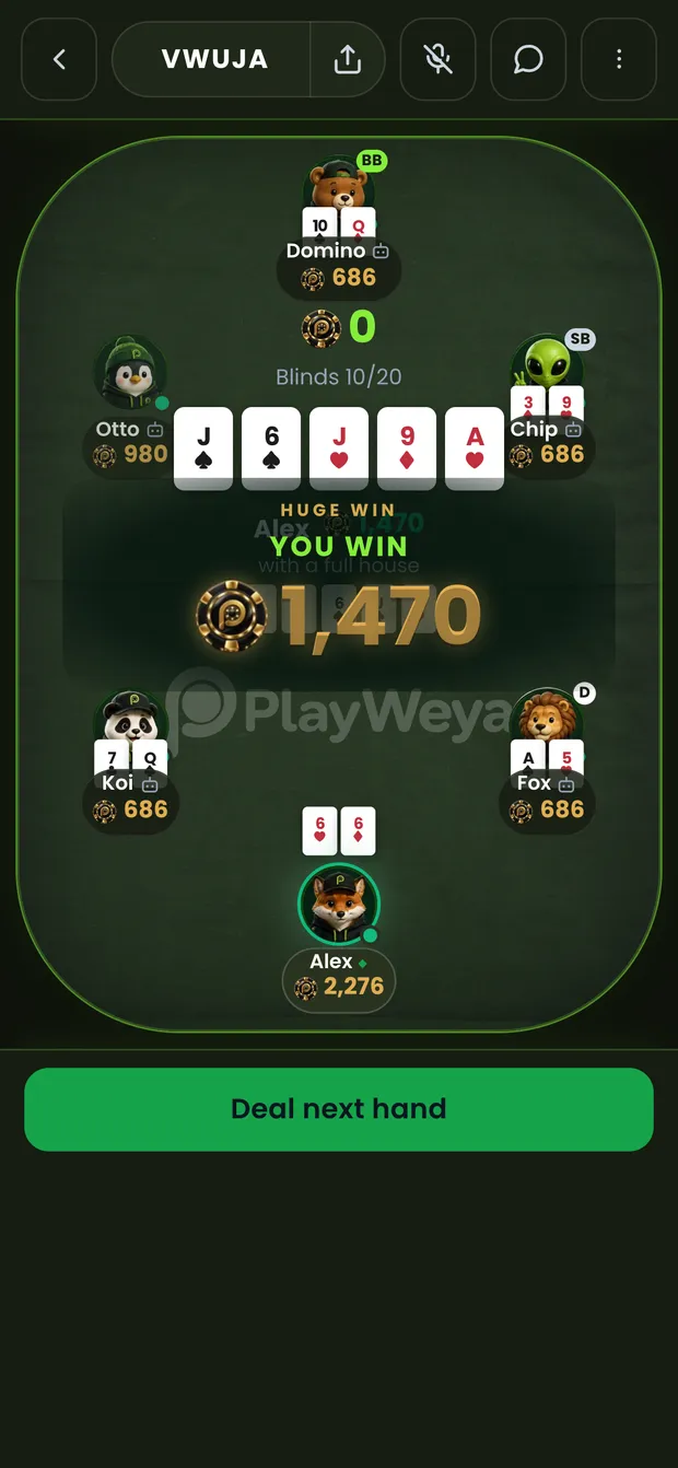 A PlayWeya Texas Hold'em win: a huge win banner counting up to 1,470 chips for a full house, with every hand at the table turned over.